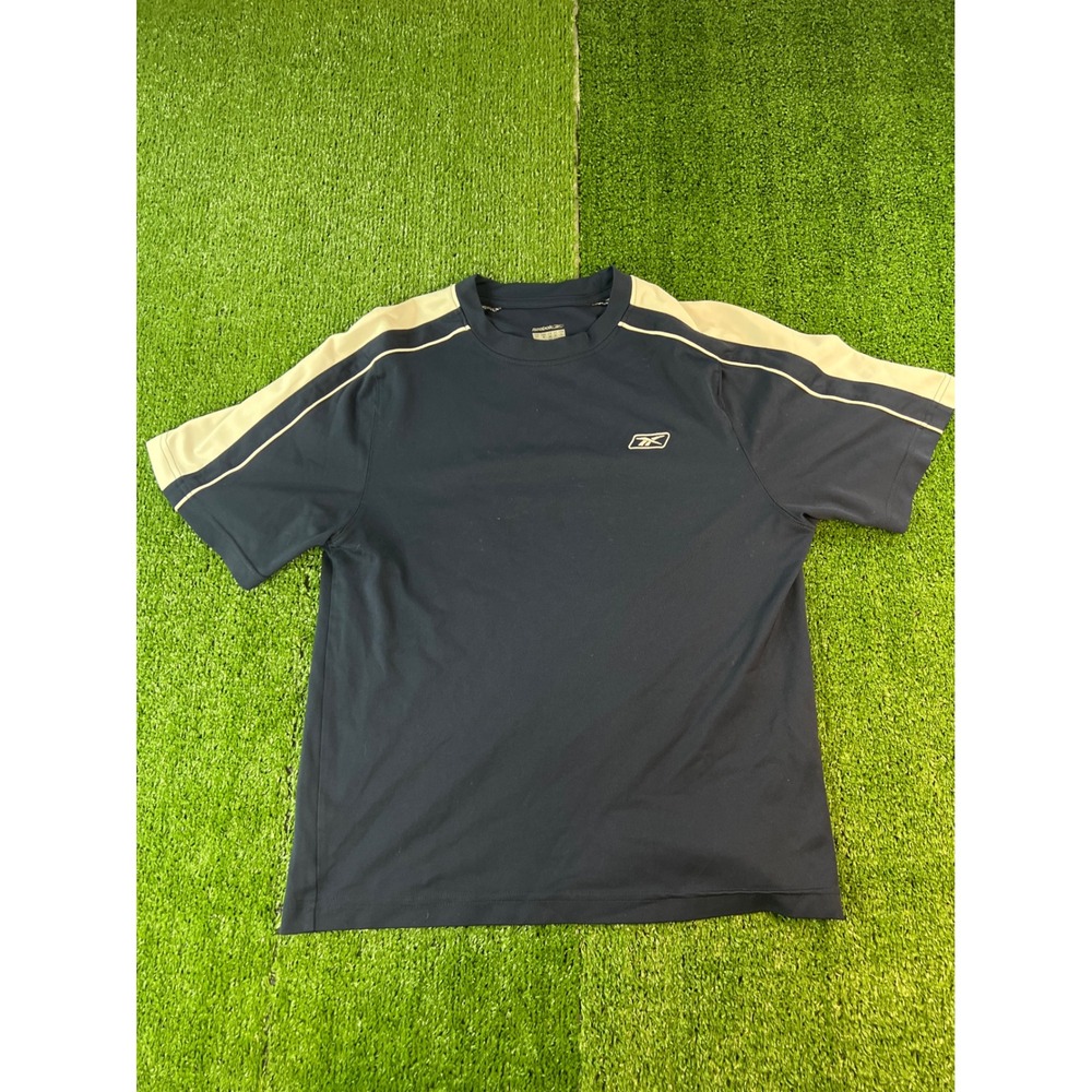 Reebok Mens Navy Blue Short Sleeve Athletic T-Shirt With White Stripe Accents SM